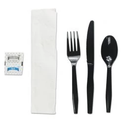 Boardwalk BWKFKTNSMWPSBLA 6-Piece Condiment/Fork/Knife/Napkin/Teaspoon Cutlery Kit - Black250/Carton