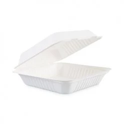 Boardwalk HL-91BW 1 Compartment 9 In. X 9 In. X 3.19 In. Bagasse Food Containers Hinged-Lid - White (200 Sleeves/Carton)
