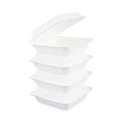 Boardwalk HL-91BW 1 Compartment 9 In. X 9 In. X 3.19 In. Bagasse Food Containers Hinged-Lid - White (200 Sleeves/Carton) -Boardwalk Sales Shop bwknhingewf1cm9 b