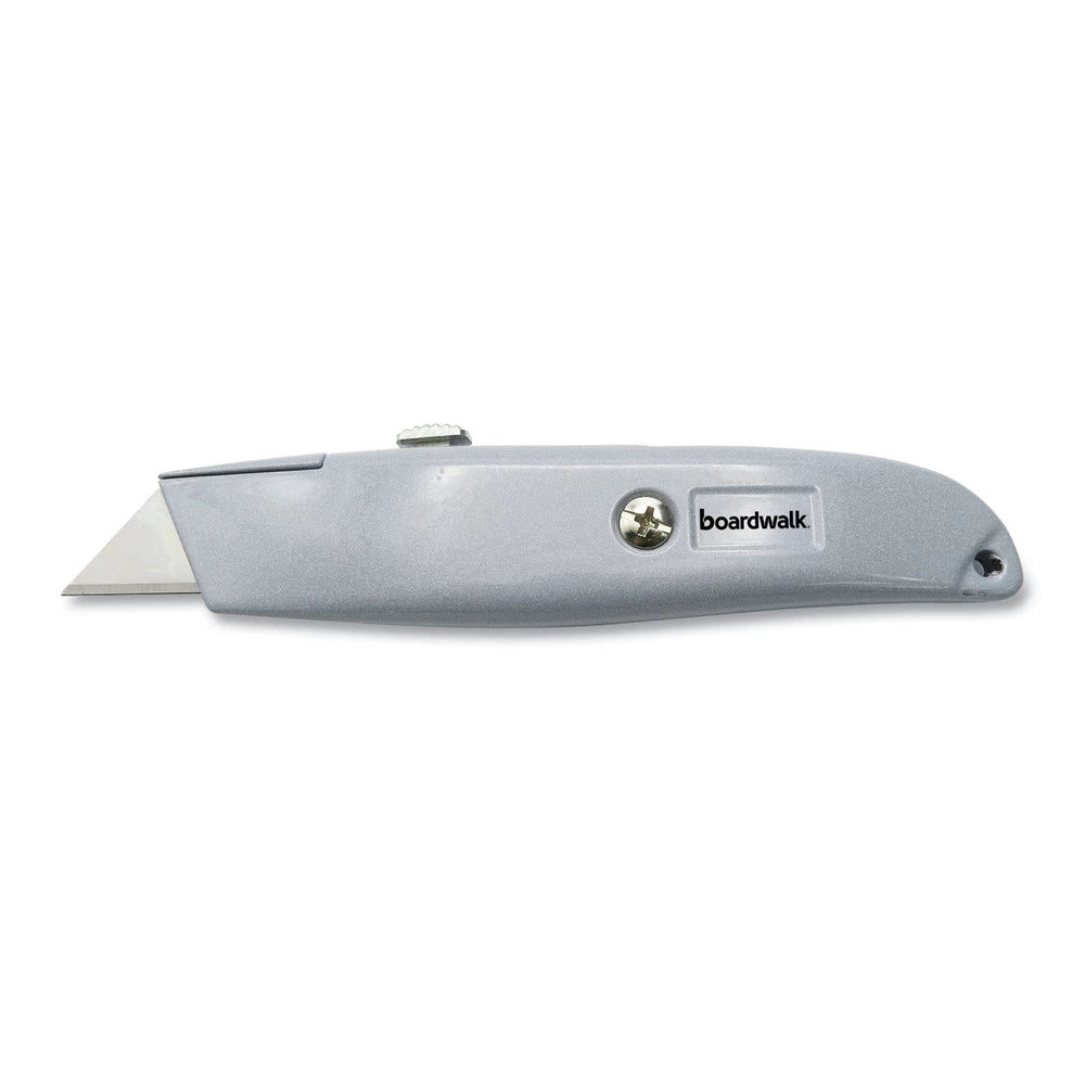 Boardwalk BWKUKNIFE45 Straight-Edged Metal Retractable Utility Knife - Gray 1 Boardwalk BWKUKNIFE45 Straight-Edged Metal Retractable Utility Knife - Gray